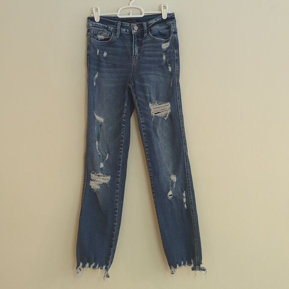 Flying Monkey Mid Rise Slim Straight Blue Distressed Denim Jean - Size 25